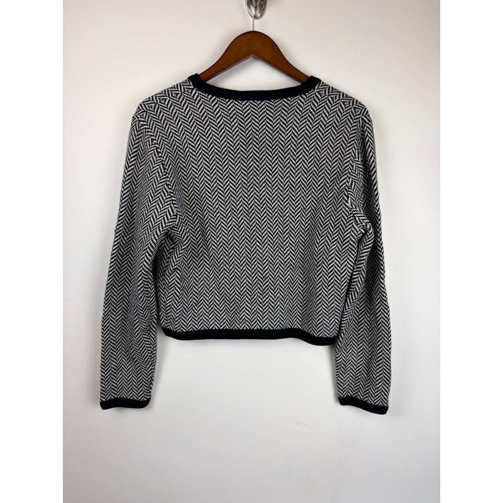 Liz Claiborne Cardigan M Black White Herringbone Cropped Wool Blend Vintage 80s - Picture 4 of 4